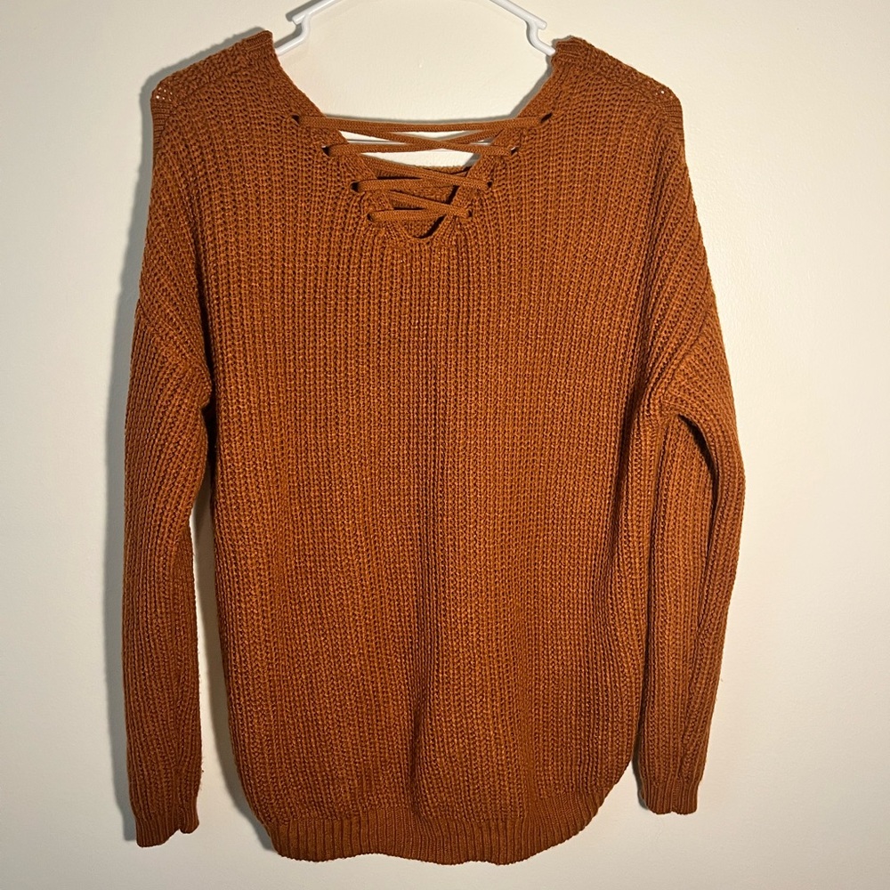 No boundaries Brown Lace Up Hi Low Pullover Knit Sweater Girls Size L (11-13)